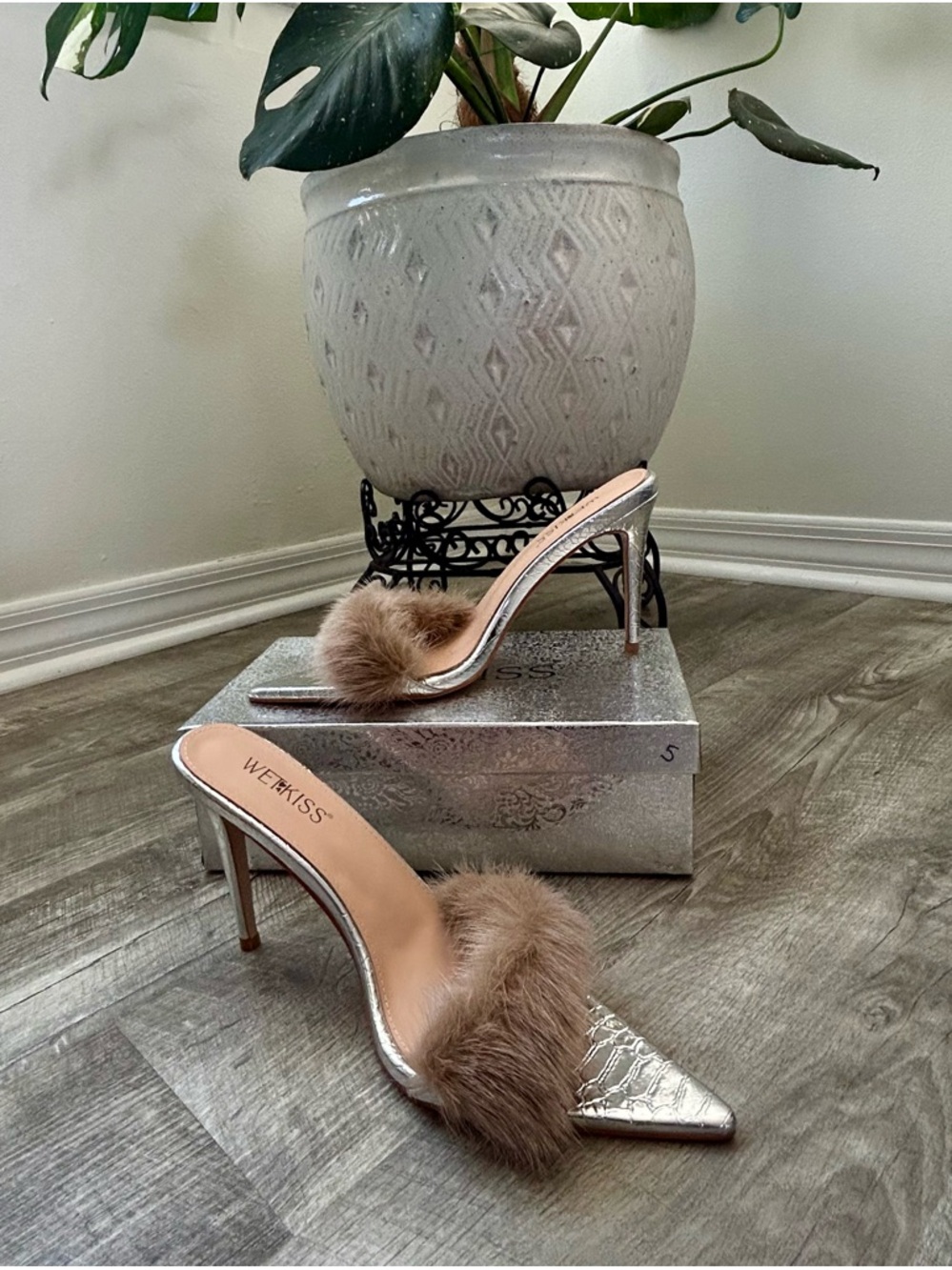 Wetkiss Faux Fur Trim Metallic Stiletto Heels – Size 10